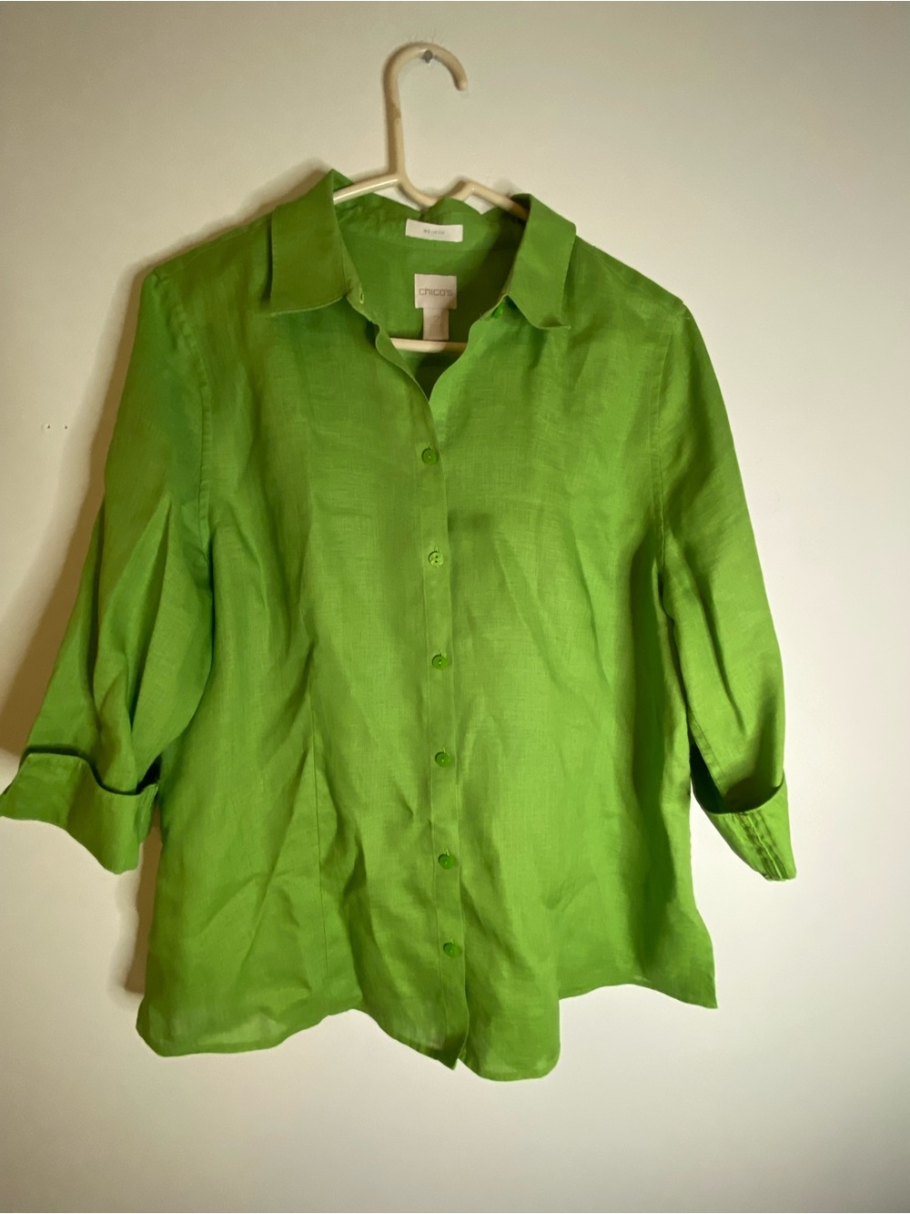 Chico's Bright Lime Green Button-Front Linen Blend Shirt